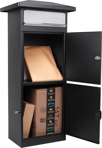 Winbest Caja de correo de acero con ranura de caída con cerradura de piso independiente con compartimento para paquetes, color negro