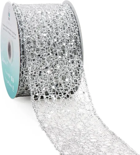 Miniatura 26 de Cinta con alambre de malla brillante con purpurina de 6 x 10 yardas, color negro para decoración del hogar, lazo para envolver regalos