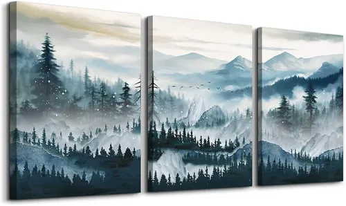 Miniatura 14 de Lienzo decorativo de 3 piezas para decoración de pared de sala de estar, dormitorio, oficina, decoración de pared, árboles de bosque brumoso, El