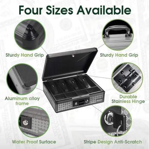 Miniatura 4 de Glosen Caja de efectivo con cerradura, caja de dinero con cerradura de llave y bandeja extraíble para monedas de 8.85 x 5.3 x 11.8 pulgadas