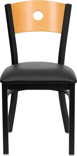 Miniatura 7 de Flash Furniture HERCULES Series Silla de restaurante de metal con respaldo circular negro, respaldo de madera natural, asiento de vinilo negro