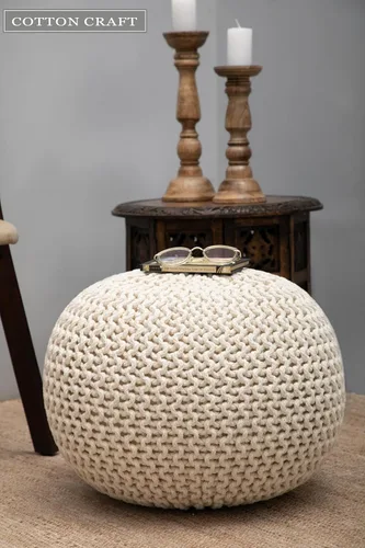 Miniatura 8 de Puf Cotton Craft tejido a mano con estilo de cable Dori Pouf, otomano para el piso, 100 % algodón trenzado, hecho y cosido a mano, un asiento único