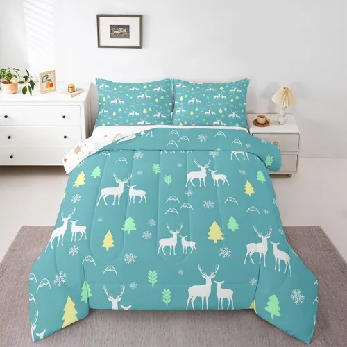 Erosebridal Juego de edredón de Feliz Navidad, juego de ropa de cama para niños, ciervos, cuernos de alce, ciervo, tamaño individual, juegos de