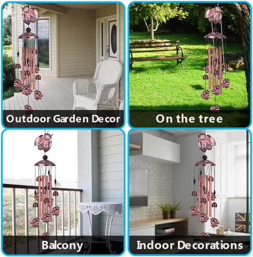 Miniatura 6 de Campanillas de viento de mariquita para decoración al aire libre – con 4 tubos, 6 campanas, 7 mariquitas de 36 pulgadas, impermeables, móviles