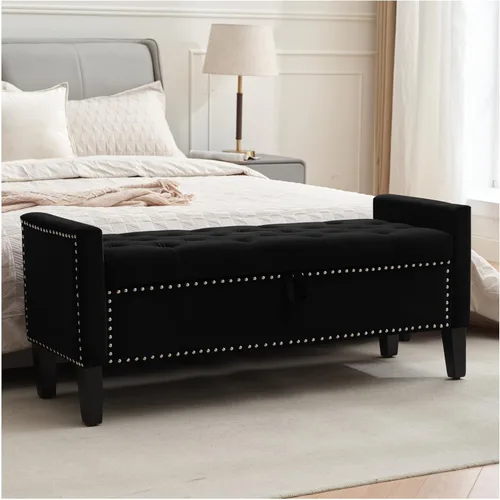 Miniatura 14 de Banco otomano de almacenamiento, reposapiés tapizado de terciopelo para dormitorio y sala de estar, asiento copetudo con almacenamiento, patas