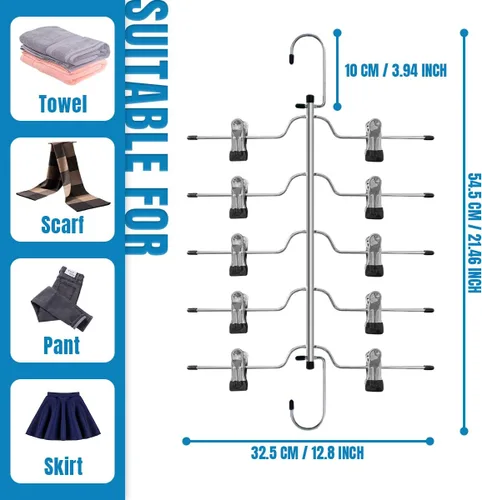 Miniatura 4 de Paquete de 4 perchas de metal para pantalones y faldas, perchas de 5 niveles que ahorran espacio con clips antideslizantes ajustables, gancho 4