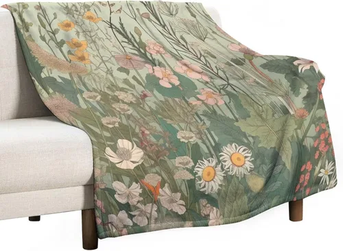 Miniatura 19 de Manta de vellón de hierbas y flores silvestres con plantas botánicas para primavera y verano, con margaritas y hojas florales, manta de franela