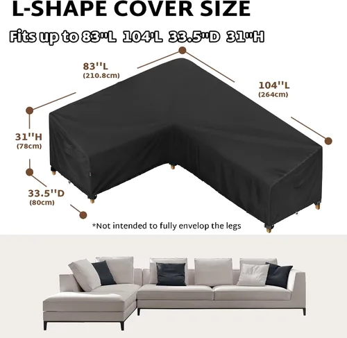 Miniatura 2 de iBirdie Funda para Muebles de Patio Exterior que se ajusta a 83 x 104 pulgadas, 80 x 102, 82 x 100 Sofá Seccional en Forma de L, Impermeable Negro