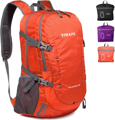 Miniatura 8 de Mochila ligera plegable de 40 litros, mochila de viaje plegable de nailon Ripstop, mochila de senderismo plegable para exteriores (morado)