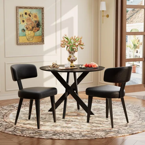 Miniatura 26 de Juego de mesa de comedor de madera para 2, mesa de cocina redonda de 36 pulgadas con 2 sillas de comedor Boucle, mesa de MDF con patas de metal
