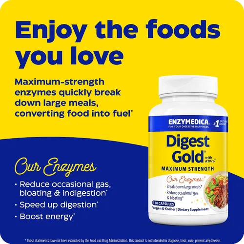 Miniatura 3 de Enzymedica - Digest Gold + ATPro - Enzimas de máxima potencia para la salud digestiva, descompone carbohidratos, grasas, fibra y proteínas