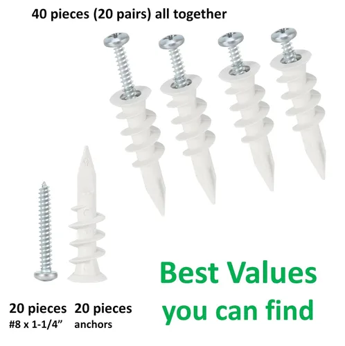 Miniatura 6 de Anclajes de plástico autoperforantes para paneles de yeso con tornillos, tornillos de expansión, 40 piezas (20 pares)
