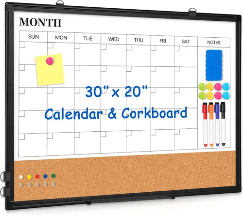 Miniatura 12 de Pizarra Blanca de Calendario Mensual de Borrado en Seco Combinada con Tablero de Corcho para Pared, 24" x 18" Calendario de Pizarra Blanca de Doble