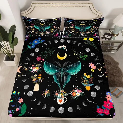 Miniatura 12 de Erosebridal Sábanas de cama de polilla de la muerte, sábana bajera ajustable de calavera gótica, tamaño individual, sábanas florales de flores