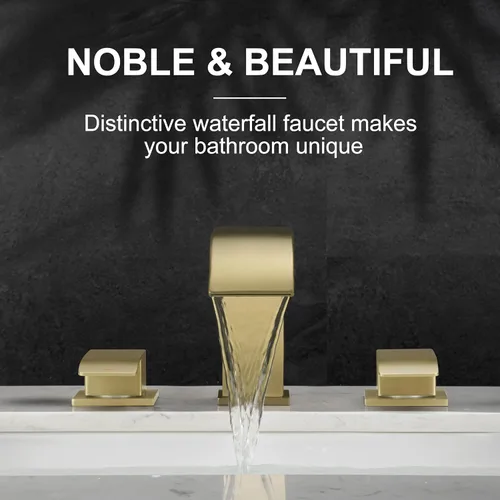 Miniatura 3 de Grifo de baño de cascada de oro cepillado de 8 pulgadas, grifos de baño para fregadero de 3 agujeros, grifo de lavabo de baño generalizado 2 asas