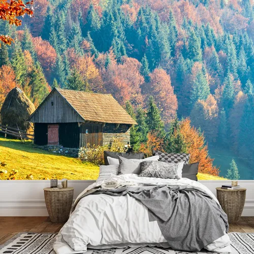 SIGNWIN Adhesivo mural removible para pared, otoño, campo, cabaña, bosque, naturaleza, desierto, fotografía, realismo, paisaje decorativo, colorido,