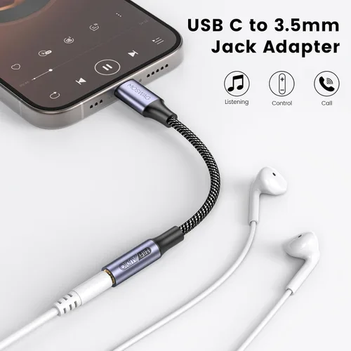 Miniatura 2 de MOSWAG Adaptador USB tipo C a conector de auriculares hembra de 0.138 in, USB C a Aux hembra de audio Dongle, cable compatible con iPhone 16 Pro 15