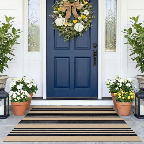 Miniatura 13 de KOZYFLY Alfombra a rayas blancas y negras de 2 x 3 pies, tejido de algodón, lavable, para interiores y exteriores, alfombra pequeña para puerta