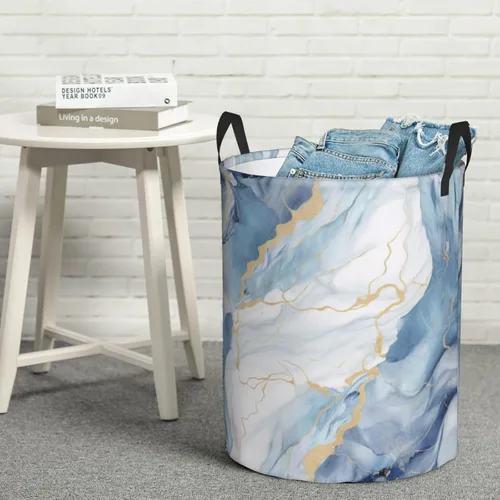Miniatura 8 de Cesta circular con estampado de mármol blanco y azul, impermeable, cesta organizadora de lavandería, con asas, para ropa, juguetes, pequeña