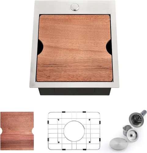 Miniatura 10 de Fregadero de cocina desplegable de 15 x 15 pulgadas, fregadero de cocina de acero inoxidable calibre 16, fregadero compacto de montaje superior