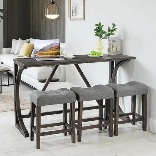 Miniatura 14 de Juego de mesa de bar industrial de 59" de 4 piezas con toma de corriente incorporada, mesa de sofá detrás del sofá con 3 taburetes tapizados