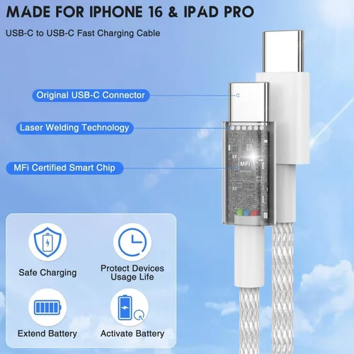 Miniatura 4 de Cable de carga rápida USB C a C de 10 pies, cable de carga largo tipo C a USB C para Apple iPhone 17 Pro Max/17 Air/16 Pro/15 Plus, MacBook Pro USB