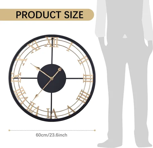 Miniatura 7 de Reloj de pared decorativo grande de 24 pulgadas, reloj de pared de metal industrial con números romanos, negro, silencioso, sin tictac, funciona