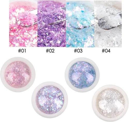 Miniatura 5 de 4 cajas de uñas en polvo holográfico con purpurina en polvo de ópalo cromado, escamas irregulares brillantes de sirena, lentejuelas rosa y morado