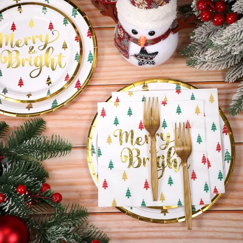 Miniatura 4 de Lounsweer 96 piezas de suministros para fiestas de Navidad, platos de papel y servilletas, juego de vajilla desechable, incluye platos de Navidad