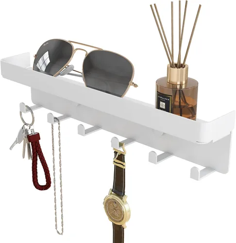 Miniatura 13 de Soporte para llaves de pared, organizador rústico de llaves y correo, 6 ganchos para llaves con estante, pequeño estante para llaves con bandeja