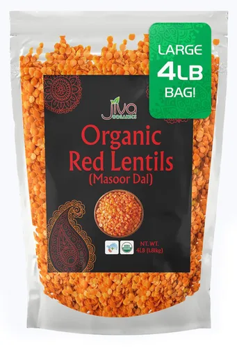 Jiva Organics Masoor Dal - Bolsa grande de lentejas rojas orgánicas divididas de 4 libras, sin OMG, veganas, no irradiadas
