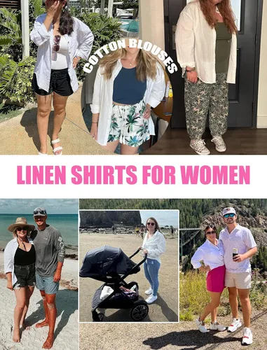 Miniatura 5 de HOTOUCH Camisa de manga larga con botones de lino para mujer, blusa de algodón casual, holgada, con cuello, para trabajo, de gasa, con bolsillo