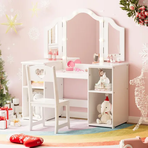 GarveeHome Tocador para niños con luces, gabinete de almacenamiento y espejo plegable desmontable con luz táctil, juego de mesa y silla para niños,