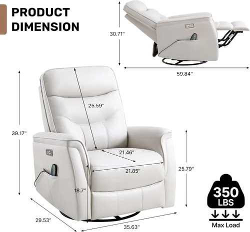 Miniatura 2 de Silla reclinable para adultos, mecedora eléctrica de piel sintética para masaje y calor, silla reclinable giratoria de gran tamaño con puertos USB