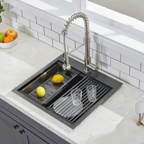 Miniatura 7 de SHACO Fregadero de cocina empotrable negro de 21 pulgadas, 21 x 20 pulgadas, montaje superior negro plomizo de acero inoxidable calibre 16, estación