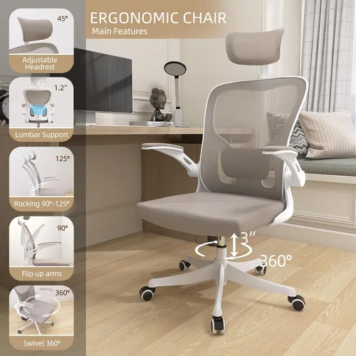 Miniatura 6 de Monhey Silla de oficina ergonómica, de 90° a 125° con inclinación trasera para el hogar, silla de escritorio con ruedas giratorias y silenciosas