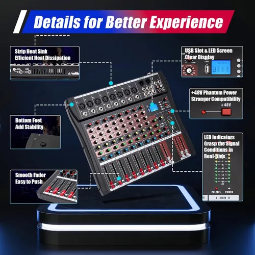 Miniatura 6 de Consola de mezcla de 8 canales Mezclador de audio Bluetooth Studio Mezclador de audio Consola de mezcla de sonido Sistema de escritorio Interfaz