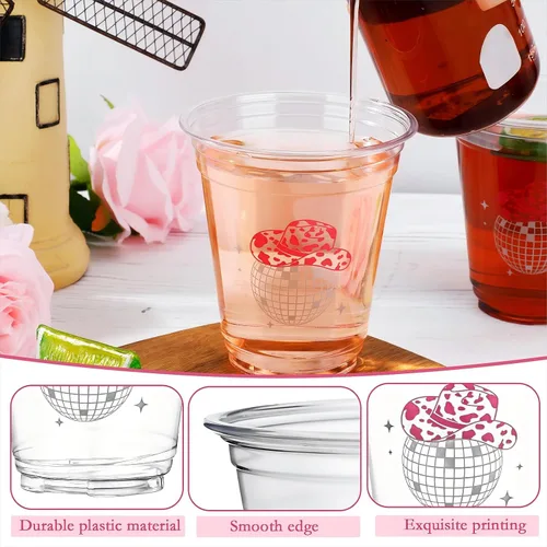 Miniatura 3 de Sliner 100 tazas de plástico de discoteca vaquera negra y rosa para decoración de despedida de soltera, 12 onzas, vasos desechables de bola