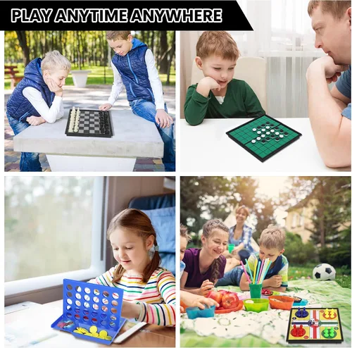 Miniatura 8 de Juego de mini juegos de viaje 5 en 1 con 4 tableros de ajedrez plegables y 5 juegos de piezas de ajedrez, damas magnéticas, ajedrez, ludo, reversi