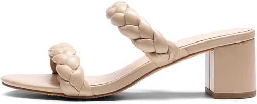 Miniatura 5 de DREAM PAIRS Zapatos de tacón bajo con dos correas trenzadas para mujer, puntera abierta, tacón grueso, sandalias de tacón grueso, para fiestas