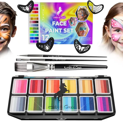 Miniatura 11 de Kit de pintura facial para niños, 20 colores lavables, sin manchas, pinturas de más de 60 caras, tiza para el cabello, purpurina, pinceles