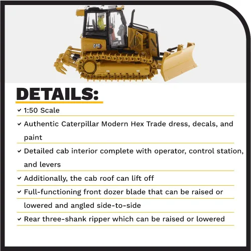 Miniatura 5 de Caterpillar D3 Bulldozer 1:50 - Modelos High Line de Diecast Masters - 85673 - Pistas de metal, apertura del compartimento del motor y detalle