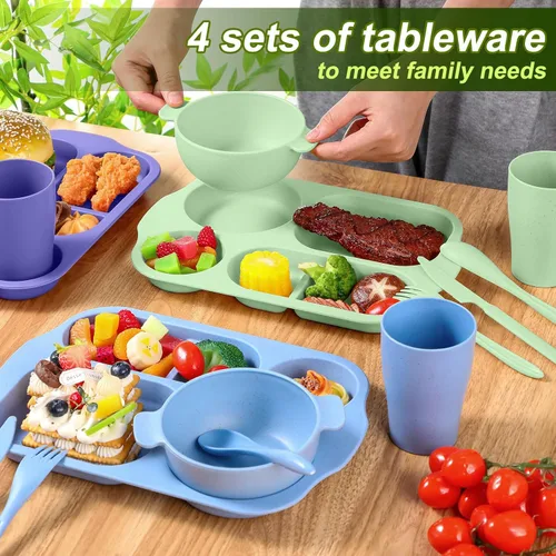 Miniatura 7 de 24 piezas de vajilla de paja de trigo con juego de cubiertos para adultos, incluyendo platos divididos, aptos para microondas y lavavajillas