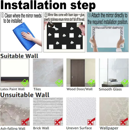 Miniatura 7 de Meetart Azulejos de Espejo de Cuerpo Entero, Espejo de Pared Corporal de Diamante Triturado de Cristal, 14''x11'' 4 Piezas de Vidrio Sin Marco