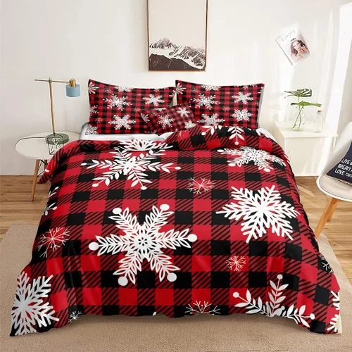 Miniatura 23 de Juego de ropa de cama de Navidad con funda de edredón de copos de nieve, color blanco y rojo, con estampado navideño, juego de ropa de cama festiva
