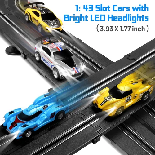 Miniatura 4 de Juego de pistas de carreras de autos de tragamonedas, pista eléctrica de 19 pies con luces LED y 4 autos de tragamonedas, 2 controladores de mano
