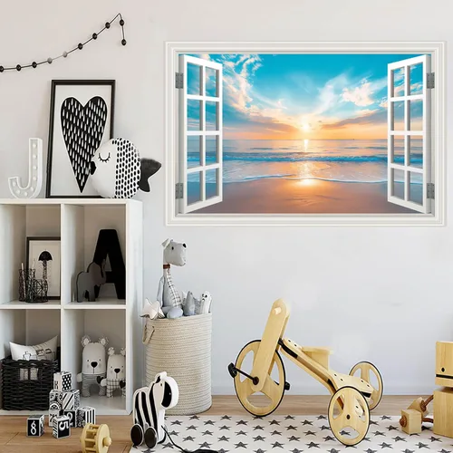Miniatura 9 de Calcomanía de pared falsa para ventana, atardecer de verano, paisaje marino, océano, playa, póster de ventana falsa para decoración de pared