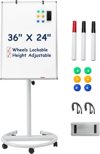 Miniatura 9 de TSJ OFFICE Pizarra blanca móvil de pie, 36 x 24 pulgadas, pizarra blanca magnética rodante, altura ajustable, pizarra de borrado en seco sobre Negro