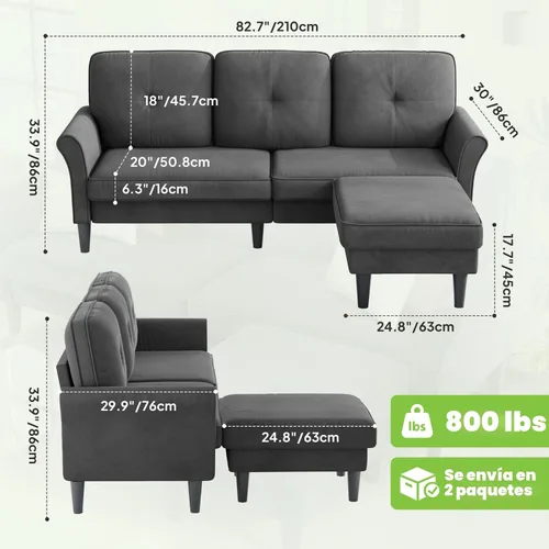 Miniatura 2 de Welzona Sofás seccionales para sala de estar, sofá moderno de terciopelo de 83 pulgadas, sofá en forma de L con otomana, sofá seccional pequeño
