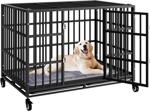 Snuowu Jaula para perros de alta resistencia de 42 pulgadas con ruedas, jaula indestructible a prueba de escapes para perros grandes, extragrande,